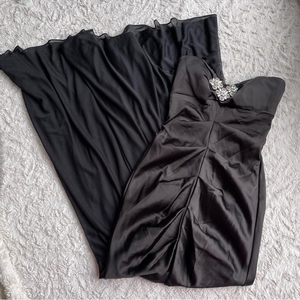 Cache strapless black satin prom dress long‎ maxi gown mermaid ruched FLAWS 6